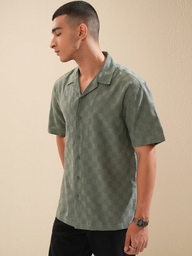 Highlander Men Green Textured Relaxed Fit Casual Shirt - Green - Image 4