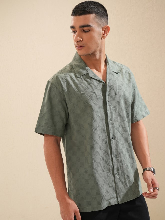 Highlander Men Green Textured Relaxed Fit Casual Shirt - Green - Image 6