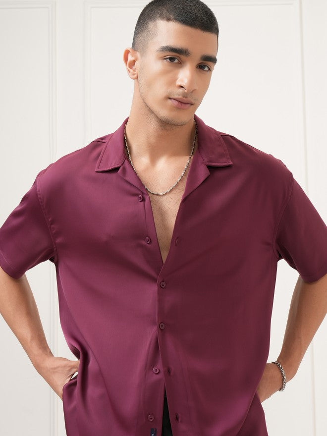 Highlander Men Burgundy Solid Relaxed Fit Casual Shirt - Burgundy - Image 1