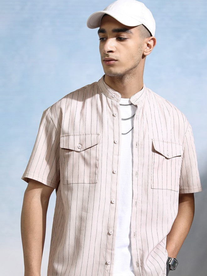 Highlander Men Peach Striped Relaxed Fit Casual Shirt - Peach - Image 1