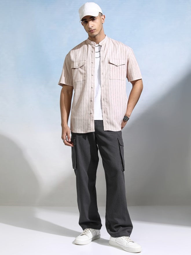 Highlander Men Peach Striped Relaxed Fit Casual Shirt - Peach - Image 2