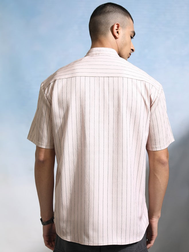 Highlander Men Peach Striped Relaxed Fit Casual Shirt - Peach - Image 3