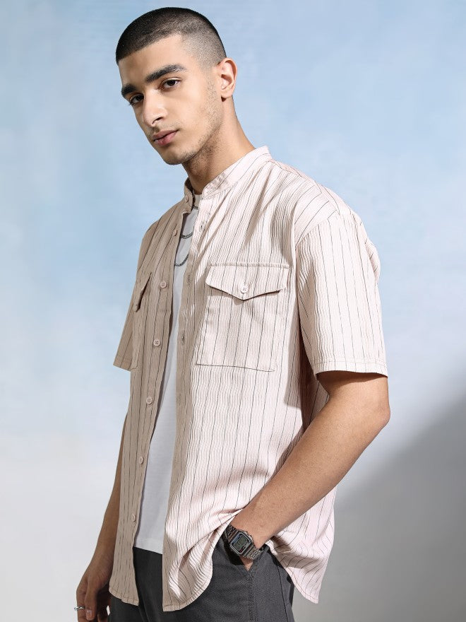 Highlander Men Peach Striped Relaxed Fit Casual Shirt - Peach - Image 4