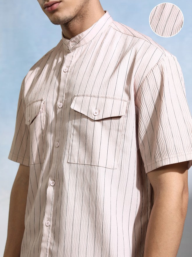 Highlander Men Peach Striped Relaxed Fit Casual Shirt - Peach - Image 5