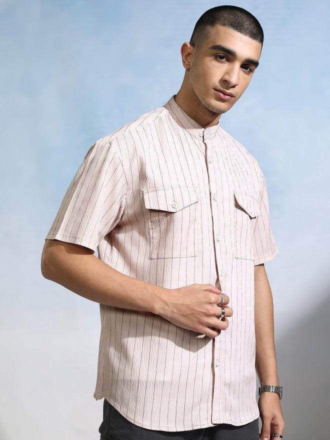 Highlander Men Peach Striped Relaxed Fit Casual Shirt - Peach - Image 6
