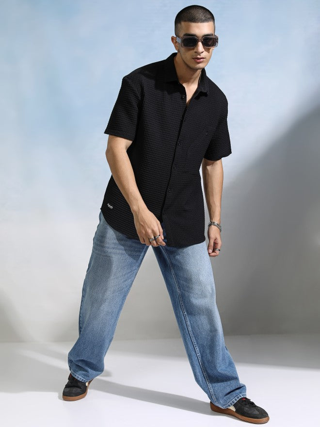 Highlander Men Black Textured Relaxed Fit Casual Shirt - Black - Image 2