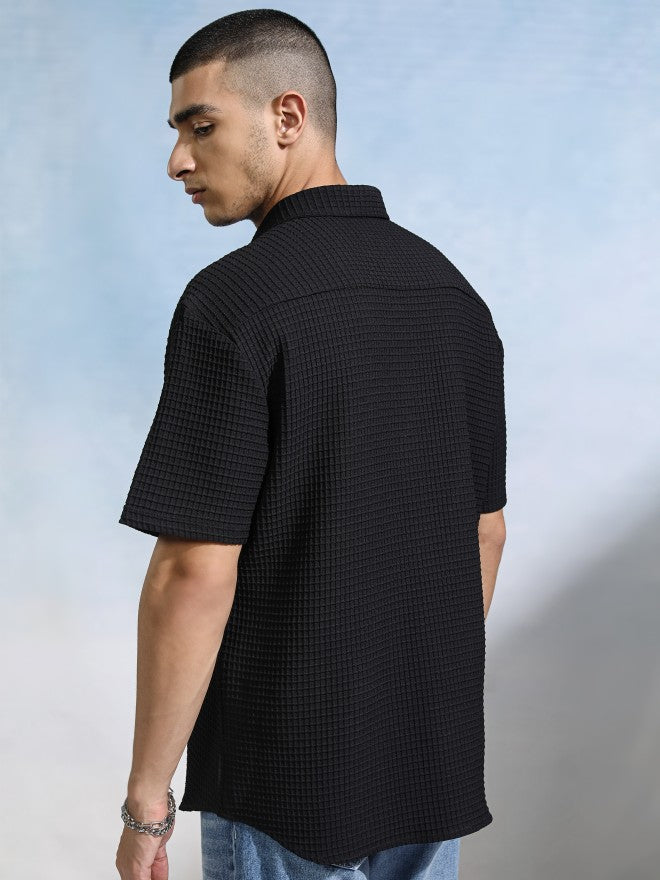 Highlander Men Black Textured Relaxed Fit Casual Shirt - Black - Image 3