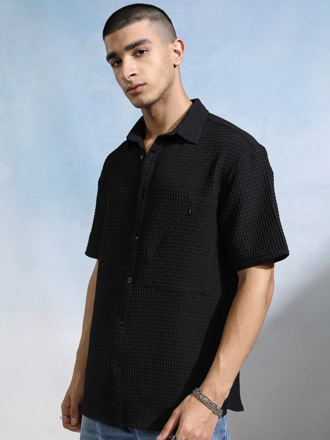 Highlander Men Black Textured Relaxed Fit Casual Shirt - Black - Image 4