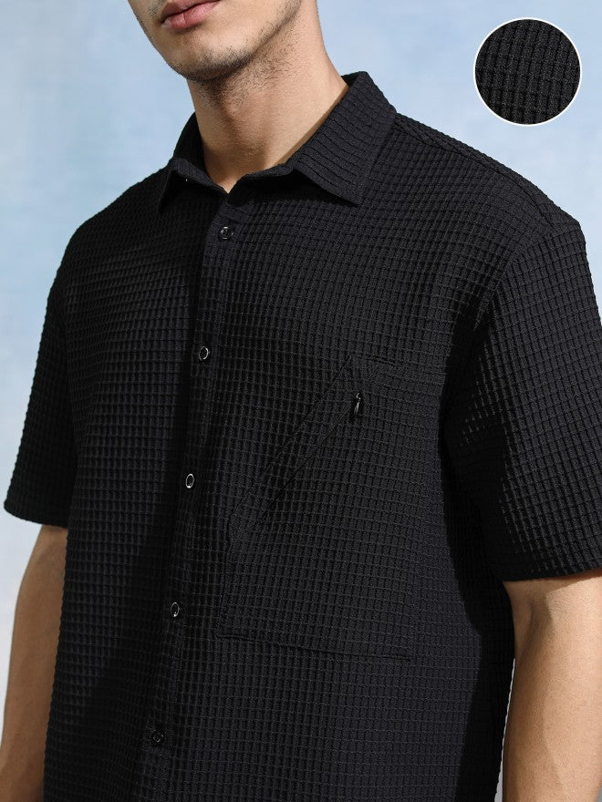 Highlander Men Black Textured Relaxed Fit Casual Shirt - Black - Image 5