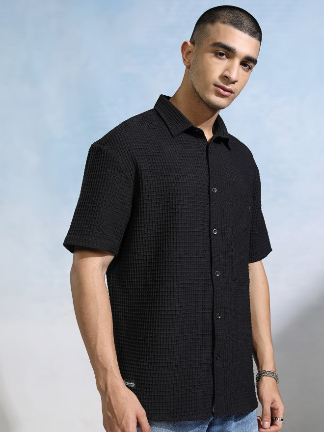 Highlander Men Black Textured Relaxed Fit Casual Shirt - Black - Image 6