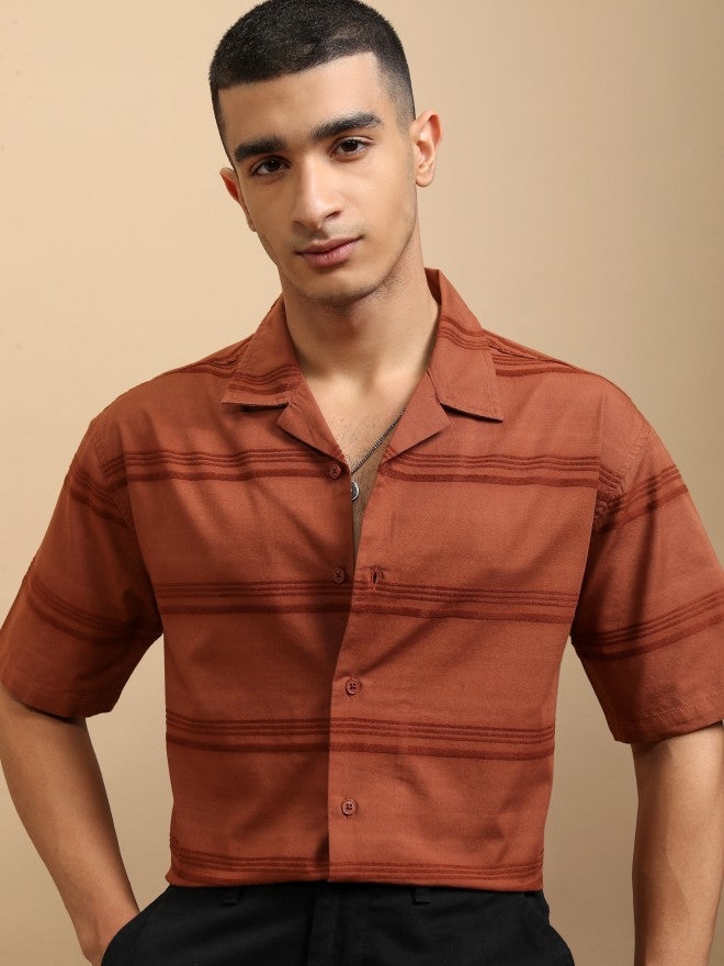 Highlander Men Rust Striped Relaxed Fit Casual Shirt - Rust - Image 1