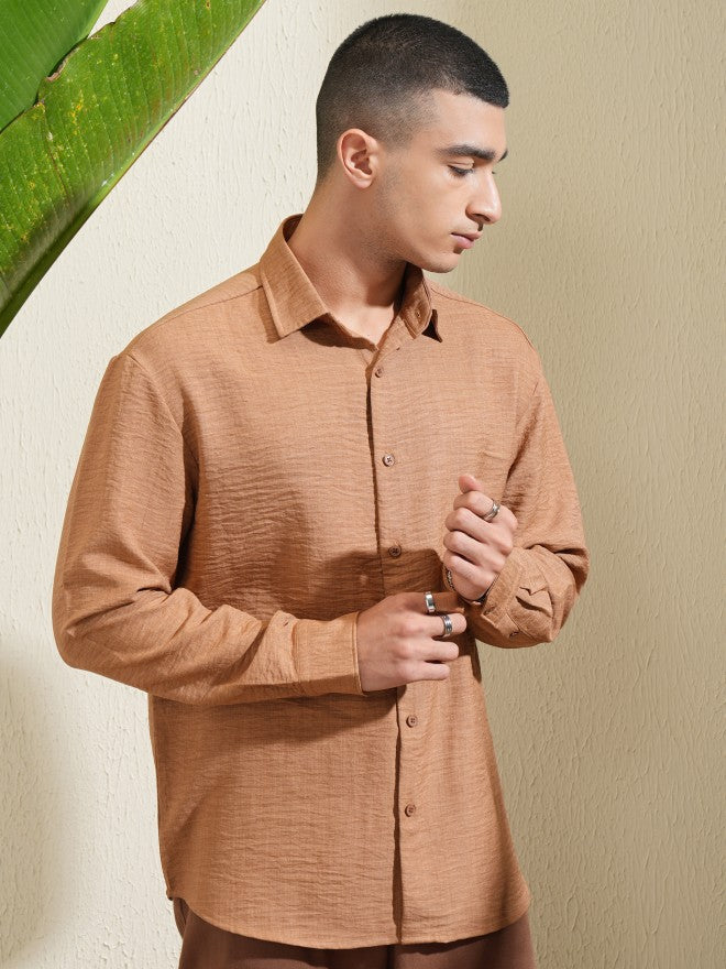 Highlander Men Brown Self Design Relaxed Fit Casual Shirt - Brown - Image 6