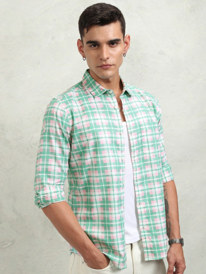Highlander Men Pink Checked Regular Fit Casual Shirt - Pink - Image 6