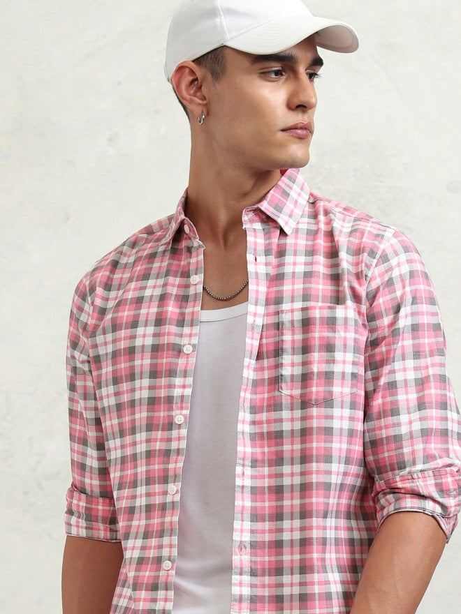 Highlander Men Pink Checked Regular Fit Casual Shirt - Pink - Image 1
