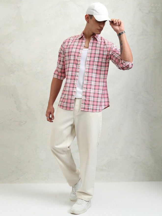 Highlander Men Pink Checked Regular Fit Casual Shirt - Pink - Image 2