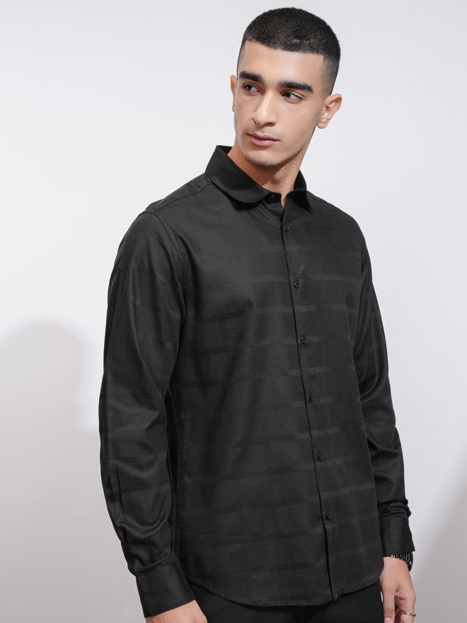 Highlander Men Black Textured Slim Fit Casual Shirt - Black - Image 6