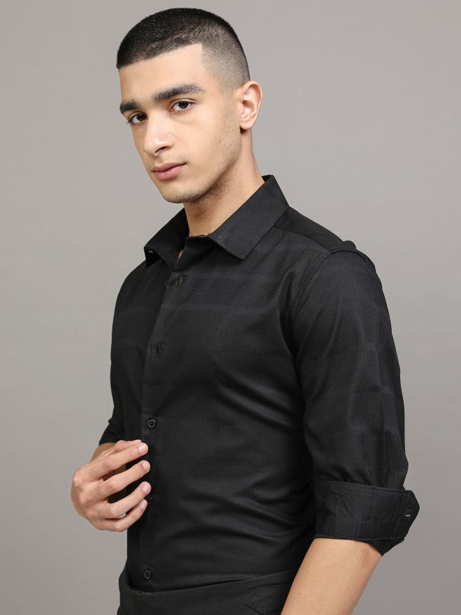 Highlander Men Black Textured Slim Fit Casual Shirt - Black - Image 4