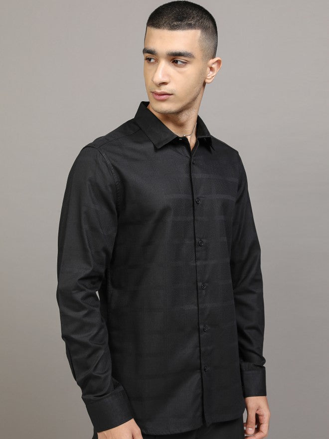 Highlander Men Black Textured Slim Fit Casual Shirt - Black - Image 6