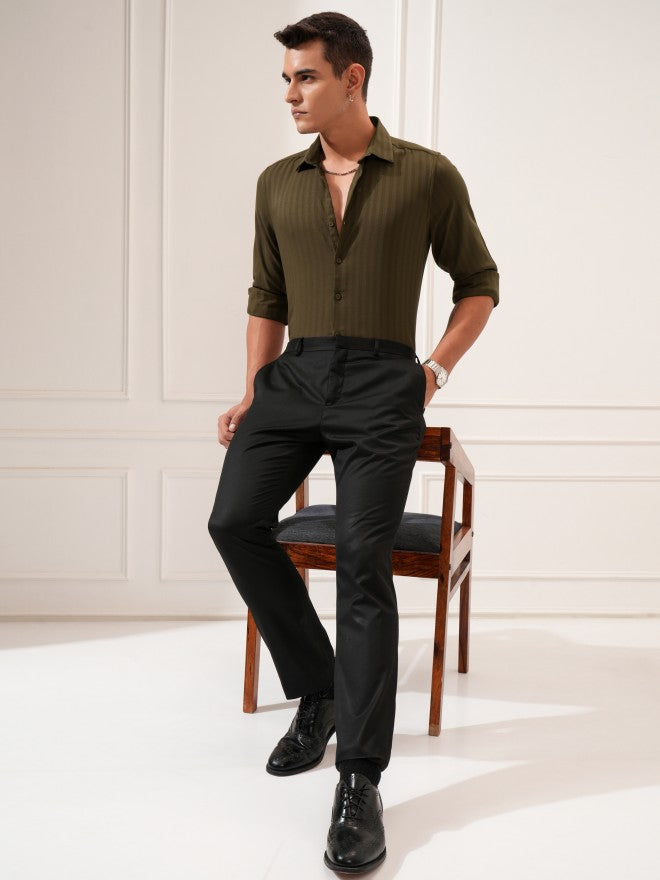 Highlander Men Olive Striped Slim Fit Casual Shirt - Olive - Image 2