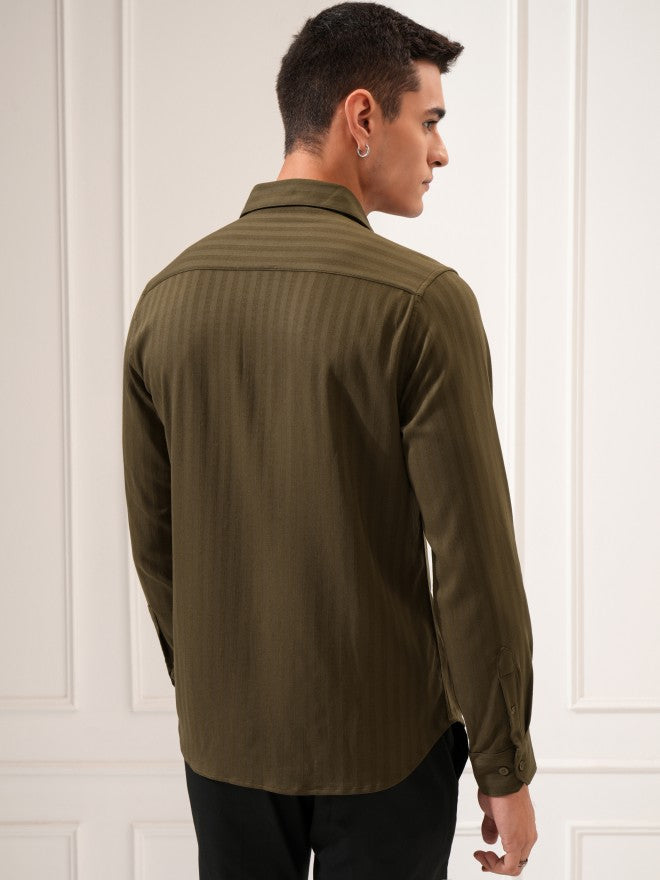 Highlander Men Olive Striped Slim Fit Casual Shirt - Olive - Image 3