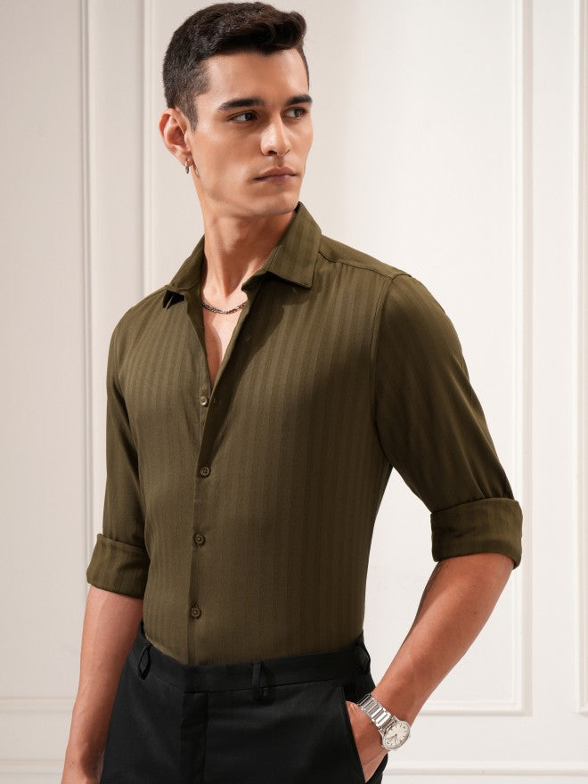Highlander Men Olive Striped Slim Fit Casual Shirt - Olive - Image 4