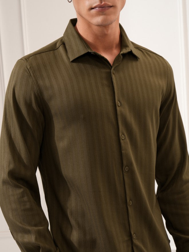 Highlander Men Olive Striped Slim Fit Casual Shirt - Olive - Image 5