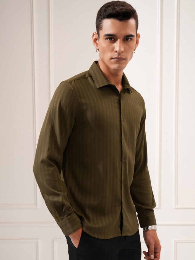 Highlander Men Olive Striped Slim Fit Casual Shirt - Olive - Image 6