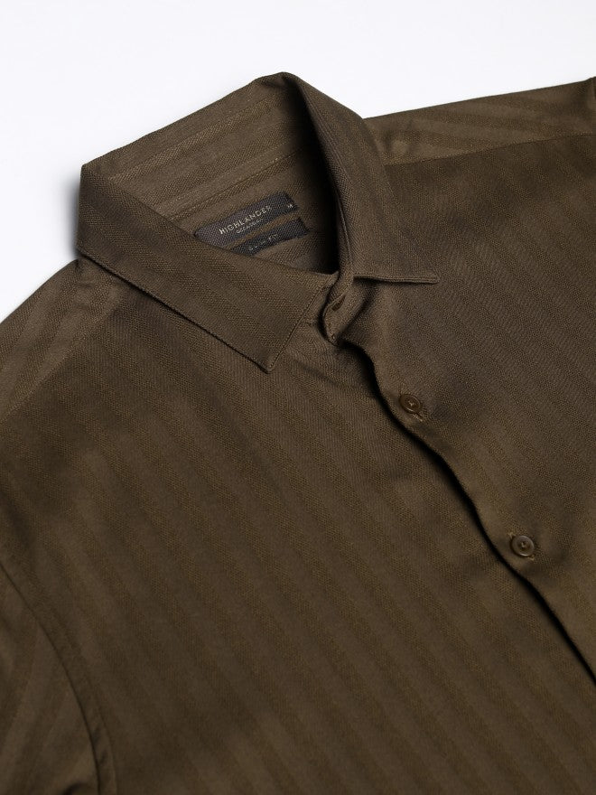 Highlander Men Olive Striped Slim Fit Casual Shirt - Olive - Image 7