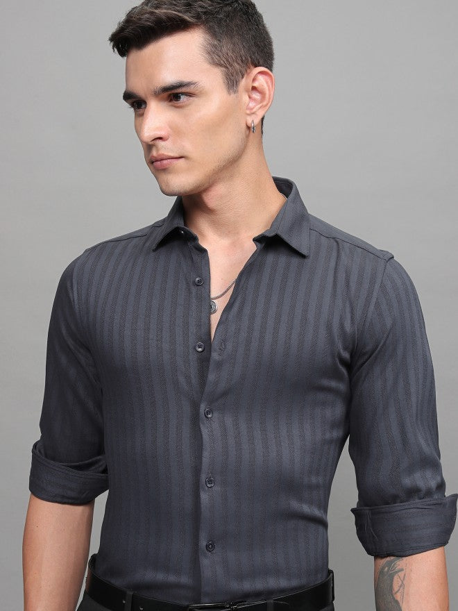 Highlander Men Navy Blue Striped Slim Fit Casual Shirt - Navy Blue - Image 1