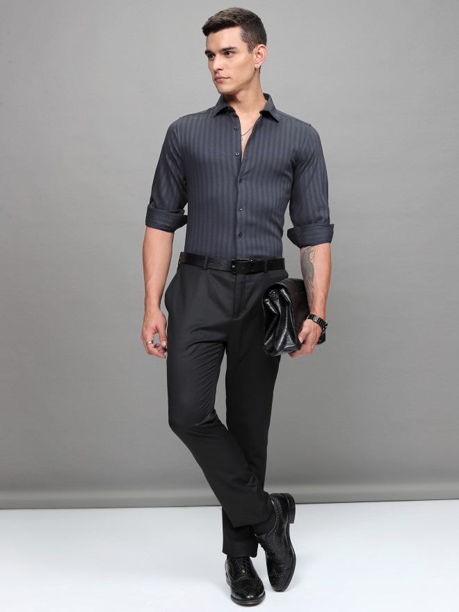 Highlander Men Navy Blue Striped Slim Fit Casual Shirt - Navy Blue - Image 2