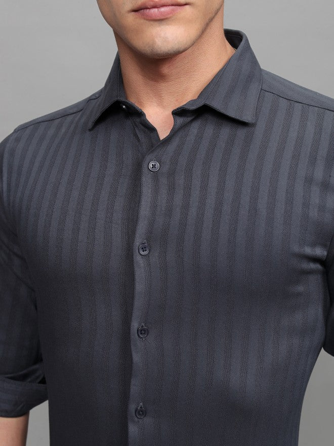 Highlander Men Navy Blue Striped Slim Fit Casual Shirt - Navy Blue - Image 5