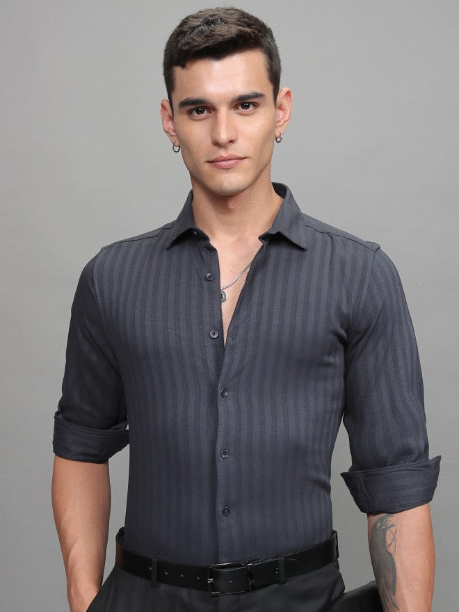 Highlander Men Navy Blue Striped Slim Fit Casual Shirt - Navy Blue - Image 7