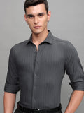 Highlander Men Grey Striped Slim Fit Casual Shirt - Grey - Image 1