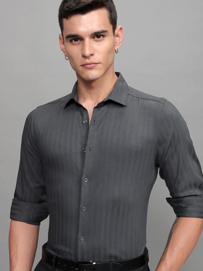 Highlander Men Grey Striped Slim Fit Casual Shirt - Grey - Image 1