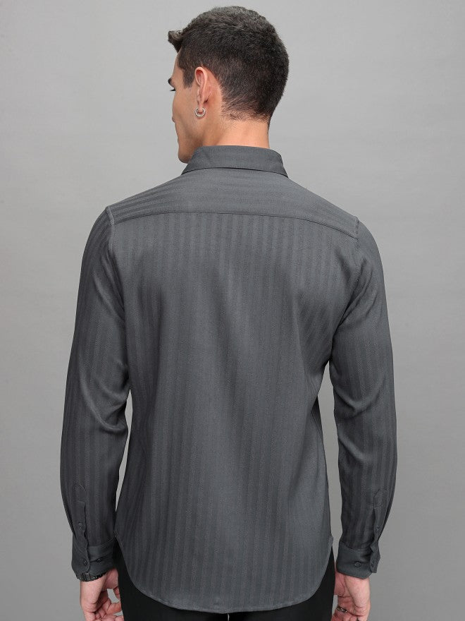 Highlander Men Grey Striped Slim Fit Casual Shirt - Grey - Image 3