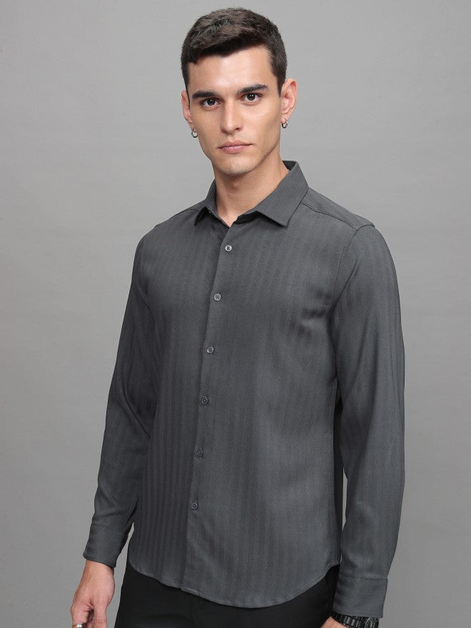 Highlander Men Grey Striped Slim Fit Casual Shirt - Grey - Image 4