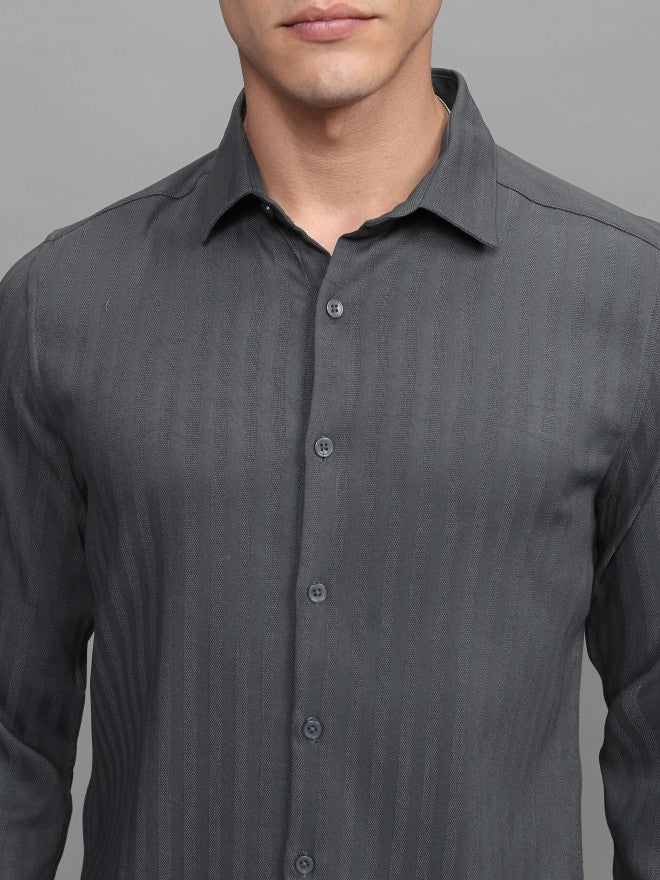 Highlander Men Grey Striped Slim Fit Casual Shirt - Grey - Image 5