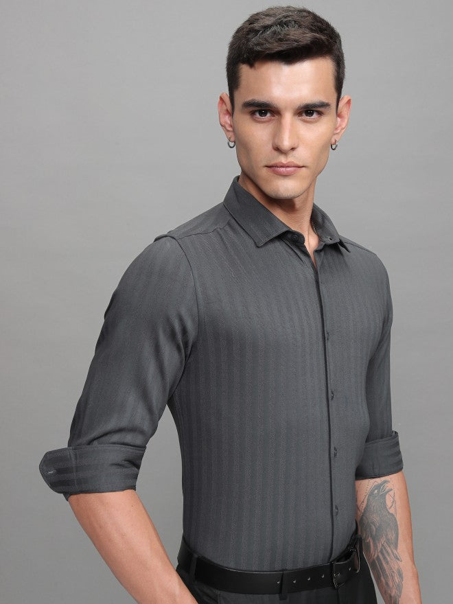 Highlander Men Grey Striped Slim Fit Casual Shirt - Grey - Image 6