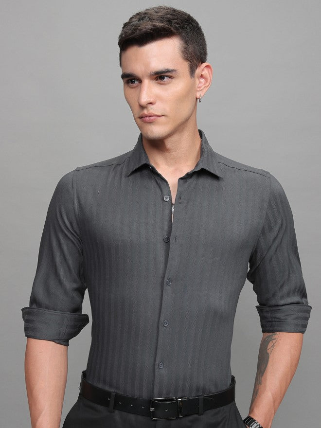 Highlander Men Grey Striped Slim Fit Casual Shirt - Grey - Image 7