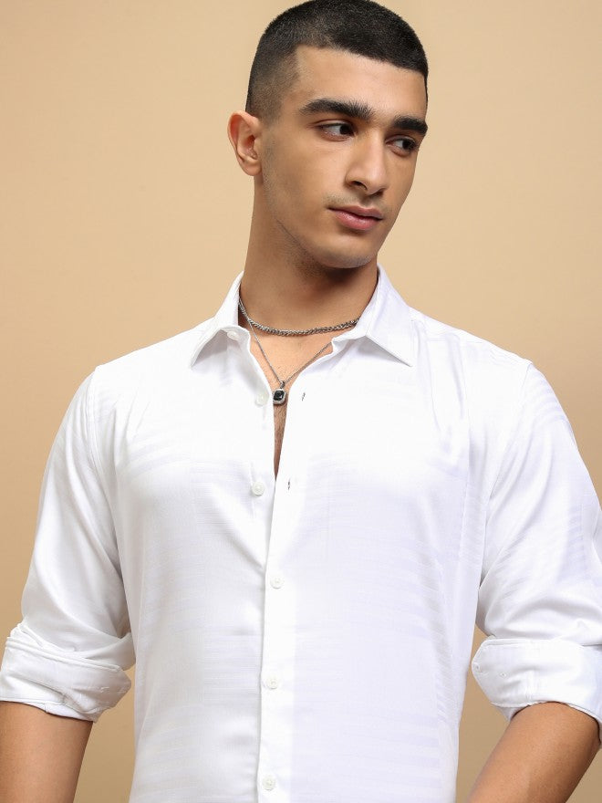 Highlander Men White Textured Slim Fit Casual Shirt - White - Image 1