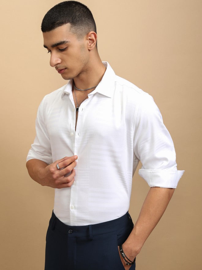 Highlander Men White Textured Slim Fit Casual Shirt - White - Image 4