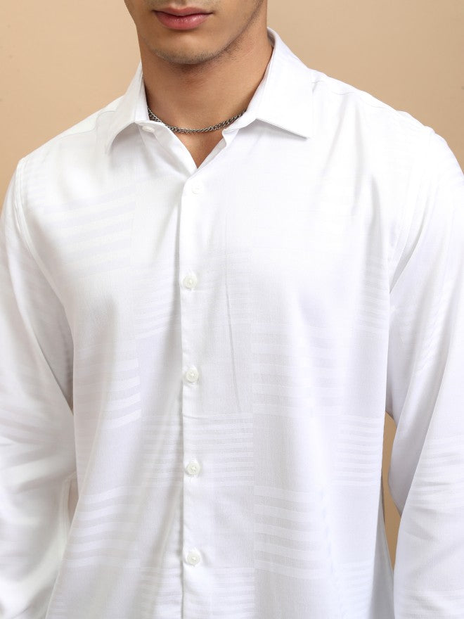 Highlander Men White Textured Slim Fit Casual Shirt - White - Image 5
