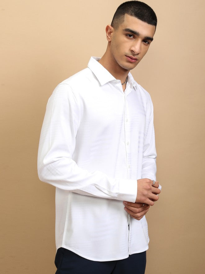 Highlander Men White Textured Slim Fit Casual Shirt - White - Image 6
