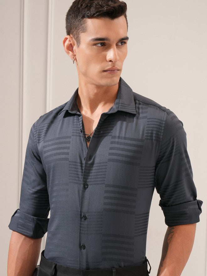 Highlander Men Charcoal Textured Slim Fit Casual Shirt - Charcoal - Image 1