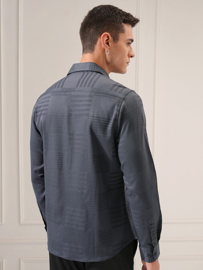Highlander Men Charcoal Textured Slim Fit Casual Shirt - Charcoal - Image 3