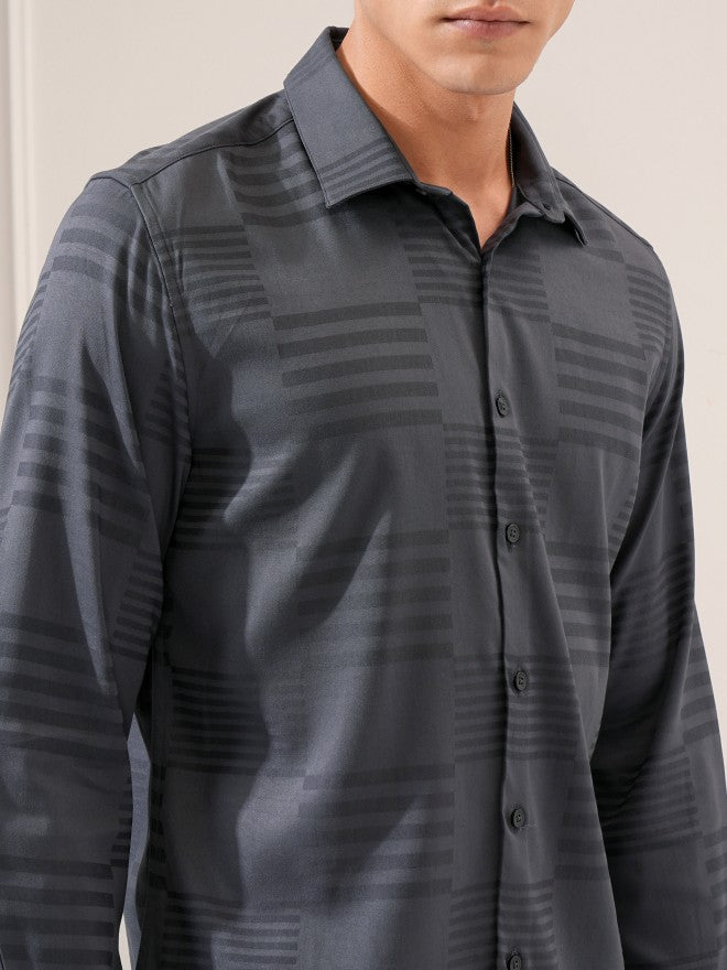 Highlander Men Charcoal Textured Slim Fit Casual Shirt - Charcoal - Image 5
