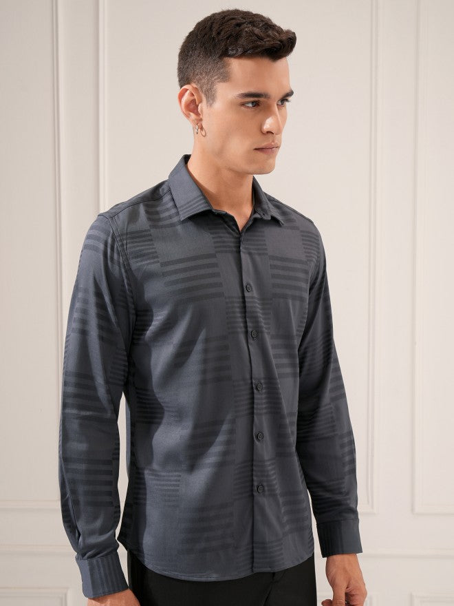 Highlander Men Charcoal Textured Slim Fit Casual Shirt - Charcoal - Image 6
