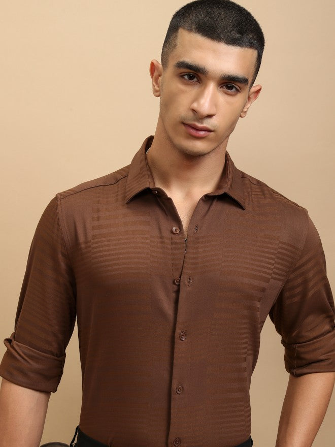 Highlander Men Brown Textured Slim Fit Casual Shirt - Brown - Image 1