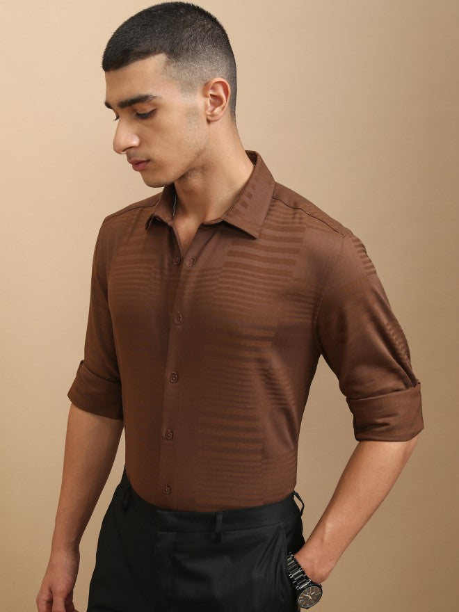 Highlander Men Brown Textured Slim Fit Casual Shirt - Brown - Image 4