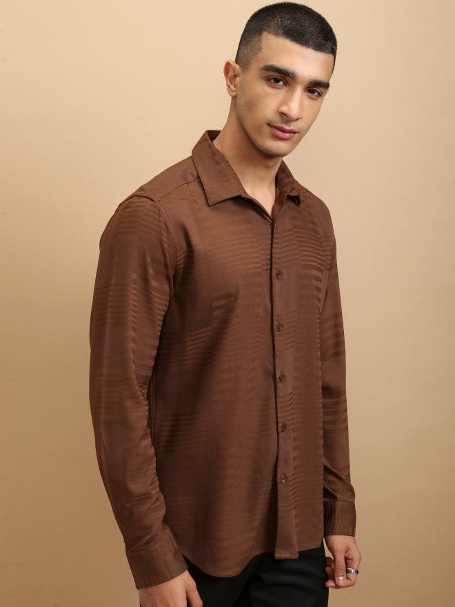 Highlander Men Brown Textured Slim Fit Casual Shirt - Brown - Image 6